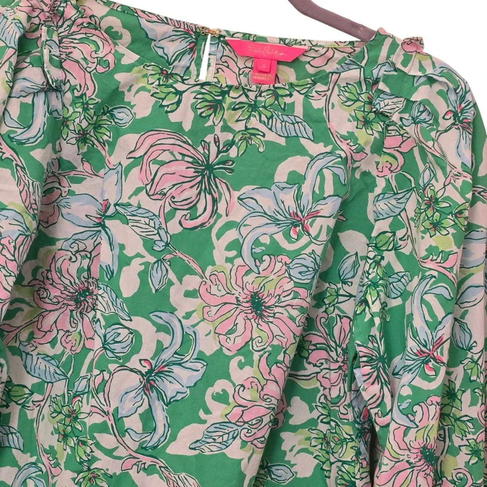 Lilly Pulitzer Womens Green Pink‎ Floral Puff Sleeve Cotton Blouse Size 8